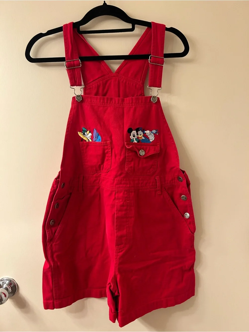 Vintage Disney Mickey Mouse Red Denim Embroidered Shortalls Overalls Wmn’s Sz L